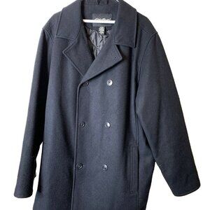 Eddie Bauer Peacoat Men Large Tall Black Wool Nylon Quilted Double Breasted Coat